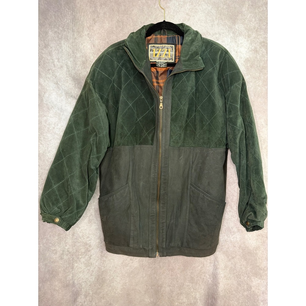 Vintage IZZI Genuine Leather Suede Jacket‎ Quilted Green Full Zip Womens Medium